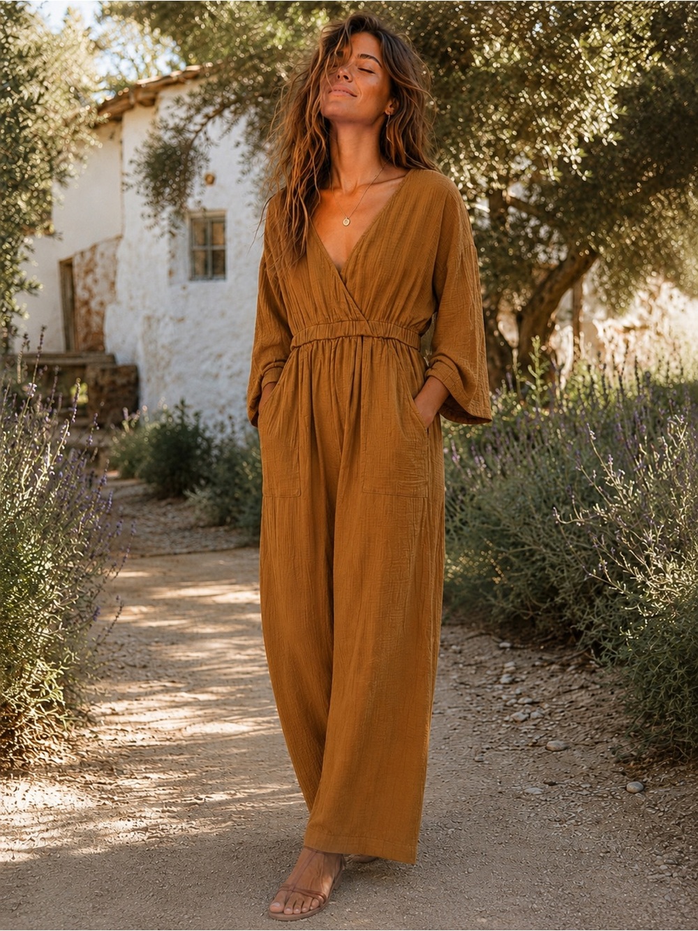 Free People Gauze Jumpsuit Camel Brown Oversized Boho Pockets Large